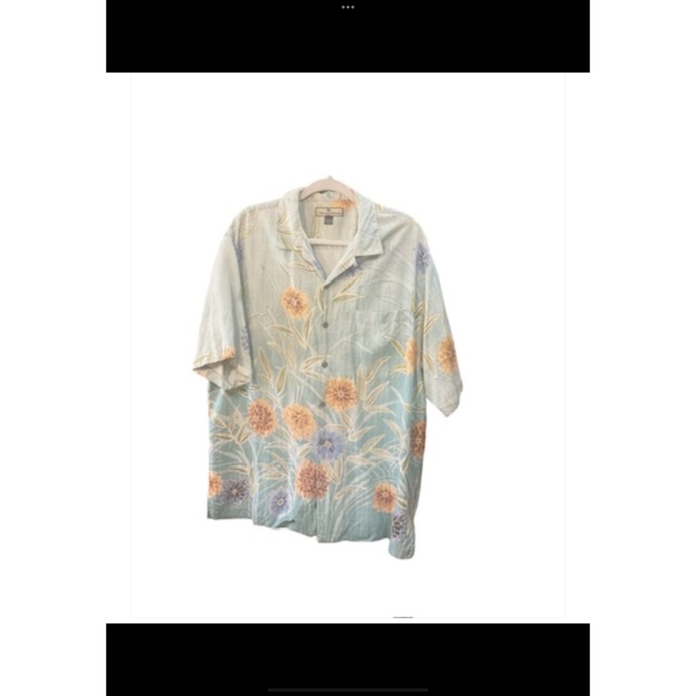 Tommy Bahama Mens Large Silk Floral Camp Shirt Short Sleeve Blue Tropical Button